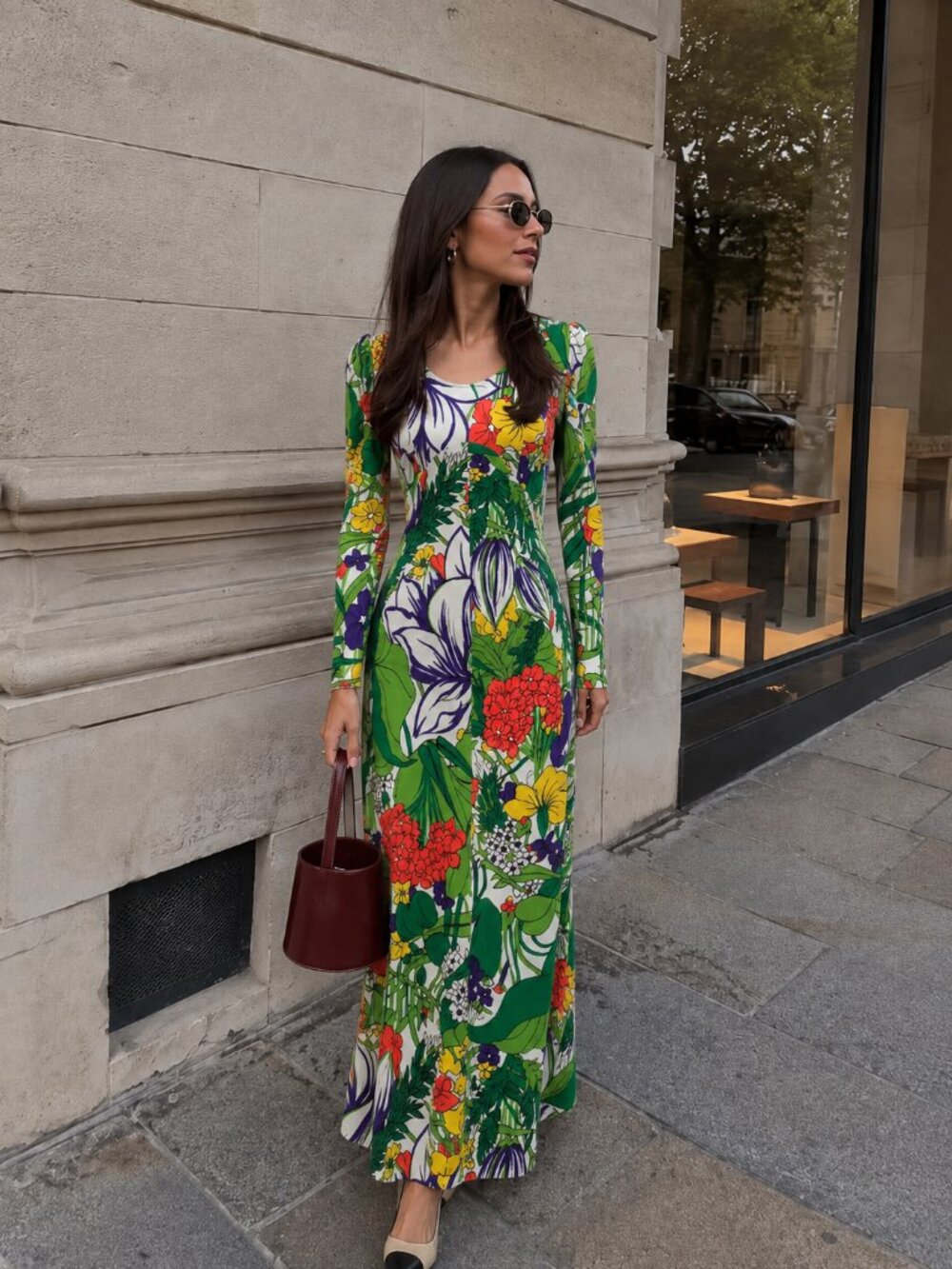 70's Floral Maxi Dress Size Small Green Tropical Print Summer (j)